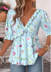 Light Blue tops,Floral tops,Plants tops,ROTITA Ruffle Floral Print Light Blue V Neck Blouse