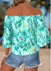 Cyan tops,Animal Print tops,ROTITA Tie Marine Life Print Cyan Off Shoulder Blouse