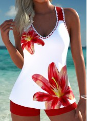 Red swimwear,Plants swimwear,ROTITA Circular Ring Red Tropical Plants Print Tankini Set