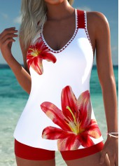 Red swimwear,Plants swimwear,ROTITA Circular Ring Red Tropical Plants Print Tankini Set