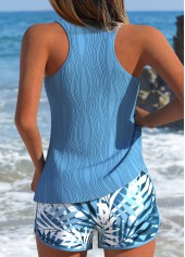 Dusty Blue swimwear,Plants swimwear,ROTITA Tummy Coverage Dusty Blue Tropical Plants Print Tankini Set