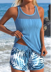 Dusty Blue swimwear,Plants swimwear,ROTITA Tummy Coverage Dusty Blue Tropical Plants Print Tankini Set
