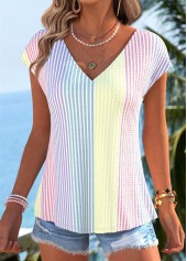 Multi Color tops,Striped tops,Geometric tops,ROTITA Bowknot Striped Multi Color V Neck T Shirt