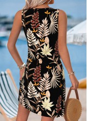 Black dresses,Plants dresses,Vacation dresses,Vacation dresses,ROTITA Tummy Coverage Leaf Print Black Short Scoop Neck Dress