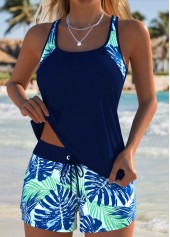 Navy swimwear,Plants swimwear,ROTITA Tummy Coverage Navy Leaf Print Mid Waisted Tankini Set