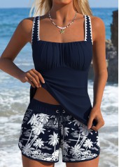 ROTITA Tummy Control Navy Tropical Plants Print Tankini Set