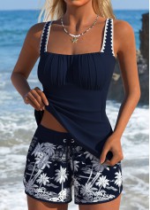 Navy swimwear,Plants swimwear,ROTITA Tummy Control Navy Tropical Plants Print Tankini Set