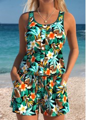 ROTITA Tummy Coverage Turquoise Floral Print One Piece Swimwear