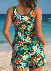 Turquoise swimwear,Floral swimwear,Plants swimwear,ROTITA Tummy Coverage Turquoise Floral Print One Piece Swimwear