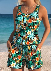 Turquoise swimwear,Floral swimwear,Plants swimwear,ROTITA Tummy Coverage Turquoise Floral Print One Piece Swimwear