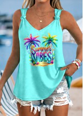 ROTITA Tie Tropical Plants Print Cyan V Neck Tank Top