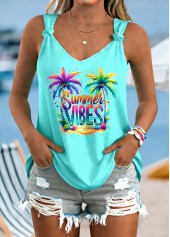 Cyan tops,Plants tops,ROTITA Tie Tropical Plants Print Cyan V Neck Tank Top