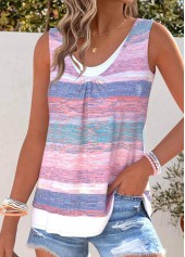 Pink tops,Striped tops,Geometric tops,ROTITA Tummy Coverage Striped Pink Scoop Neck Sleeveless Tank Top