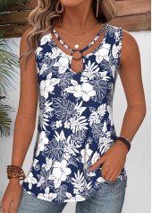 ROTITA Tummy Coverage Floral Print Navy Round Neck Tank Top