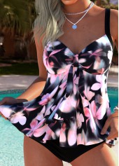 Pink swimwear,Floral swimwear,Plants swimwear,ROTITA Tummy Coverage Pink Floral Print Mid Waisted Tankini Set