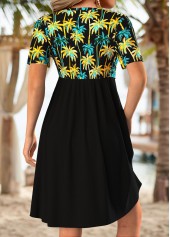 Black dresses,Plants dresses,Vacation dresses,Vacation dresses,ROTITA Tummy Coverage Tropical Plants Print Black Short Dress
