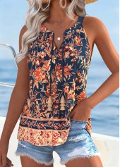 Multi Color tops,Floral tops,Plants tops,ROTITA Shirred Floral Print Multi Color Split Neck Tank Top