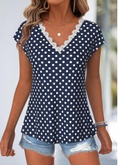 Navy tops,Dot tops,ROTITA Tummy Coverage Polka Dot Navy V Neck T Shirt
