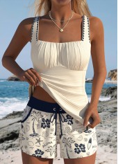 Ensemble tankini beige à imprimé plantes tropicales Rotita couvrant le ventre