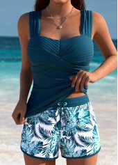 ROTITA Tummy Coverage Peacock Blue Leaf Print Tankini Set
