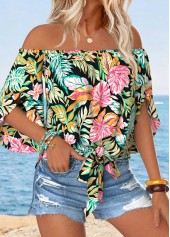 Multi Color tops,Plants tops,ROTITA Tummy Coverage Tropical Plants Print Multi Color Blouse