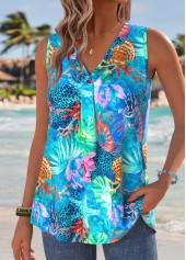 Blue tops,Animal Print tops,ROTITA Marine Life Print Blue V Neck Sleeveless Tank Top