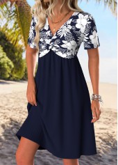 Navy dresses,Floral dresses,Plants dresses,Vacation dresses,Vacation dresses,ROTITA Tummy Coverage Floral Print Navy Short V Neck Dress