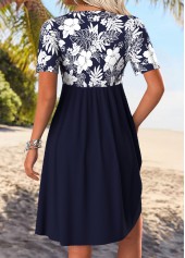 Navy dresses,Floral dresses,Plants dresses,Vacation dresses,Vacation dresses,ROTITA Tummy Coverage Floral Print Navy Short V Neck Dress