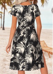Black dresses,Plants dresses,Vacation dresses,Vacation dresses,ROTITA Tummy Coverage Leaf Print Black V Neck Dress