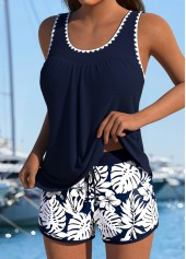 Navy swimwear,Floral swimwear,Plants swimwear,ROTITA Tummy Coverage Navy Floral Print Mid Waisted Tankini Set