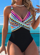 Black swimwear,Striped swimwear,Geometric swimwear,ROTITA Tummy Control Black Striped One Piece Swimwear