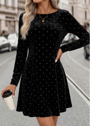 Black dresses,Plain Color dresses,Everyday dresses,Casual dresses,ROTITA Tummy Coverage Black Short Boat Neck Long Sleeve Dress