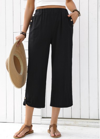 Black bottoms,Plain Color bottoms,Black Straight Leg Elastic Waist High Waisted Pants