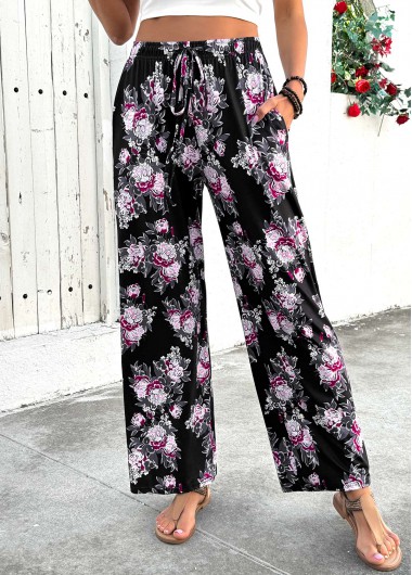 Black bottoms,Floral bottoms,Plants bottoms,Floral Print Black Wide Leg Elastic Waist Pants