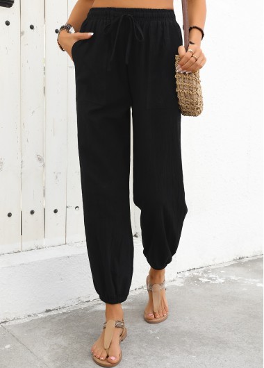 Black bottoms,Plain Color bottoms,Black Jogger Elastic Waist High Waisted Pants