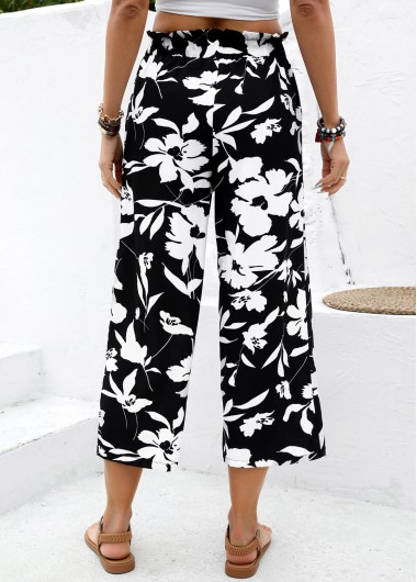 Black bottoms,Floral bottoms,Plants bottoms,Soft Floral Print Black Wide Leg Elastic Waist Pants