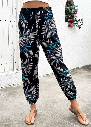 Black bottoms,Plants bottoms,Plants Print Black Jogger Elastic Waist High Waisted Pants