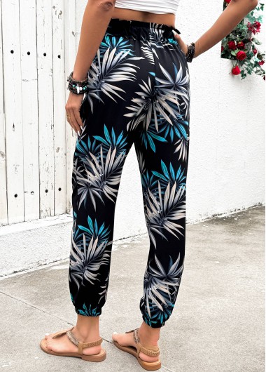 Black bottoms,Plants bottoms,Plants Print Black Jogger Elastic Waist High Waisted Pants