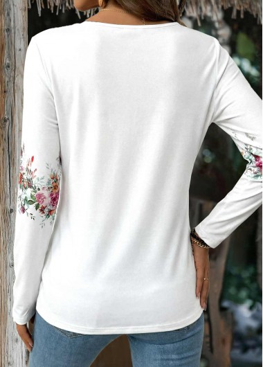 White tops,Floral tops,Plants tops,ROTITA Button Floral Print White Split Neck T Shirt
