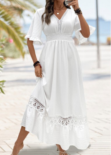 White dresses,Plain Color dresses,Everyday dresses,Casual dresses,ROTITA White Smocked Maxi V Neck Half Sleeve Dress