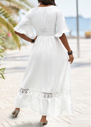 White dresses,Plain Color dresses,Everyday dresses,Casual dresses,ROTITA White Smocked Maxi V Neck Half Sleeve Dress