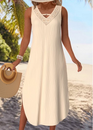 Beige dresses,Plain Color dresses,Vacation dresses,Vacation dresses,ROTITA Tummy Coverage Beige V Neck Sleeveless Dress