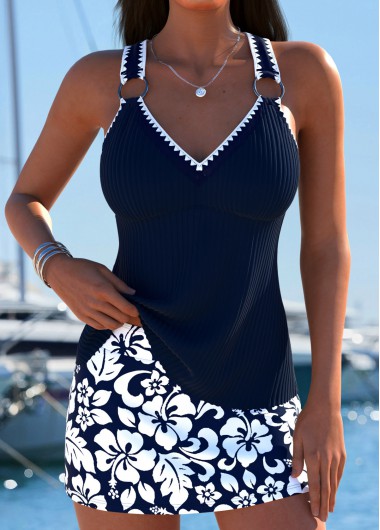 Navy swimwear,Plants swimwear,ROTITA Lace Up Navy Tropical Plants Print Tankini Set