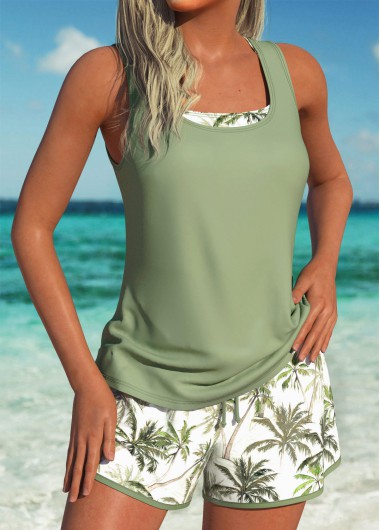 Sage Green swimwear,Plants swimwear,ROTITA Three-piece Sage Green Tropical Plants Print Tankini Set