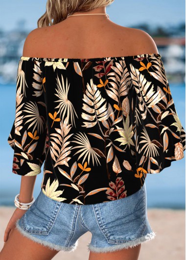 Multi Color tops,Plants tops,ROTITA Tie Plants Print Multi Color Off Shoulder Blouse
