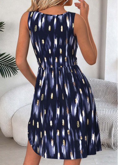 Navy dresses,Geometric dresses,Everyday dresses,Casual dresses,ROTITA Tummy Coverage Geometric Print Navy Short Round Neck Dress