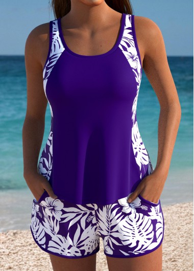 Dark Purple swimwear,Floral swimwear,Plants swimwear,ROTITA Dark Purple Floral Print Mid Waisted Tankini Set