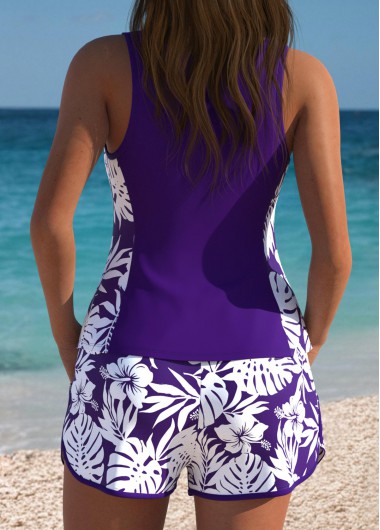 Dark Purple swimwear,Floral swimwear,Plants swimwear,ROTITA Dark Purple Floral Print Mid Waisted Tankini Set