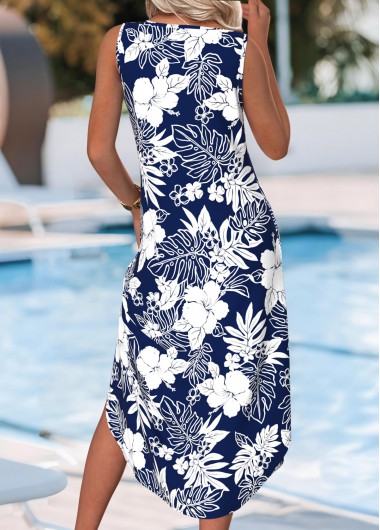Navy dresses,Floral dresses,Plants dresses,Vacation dresses,Vacation dresses,ROTITA Tummy Coverage Floral Print Navy V Neck Sleeveless Dress