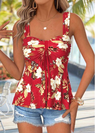 Red tops,Floral tops,Plants tops,ROTITA Peplum Floral Print Red Heart Collar Sleeveless Tank Top